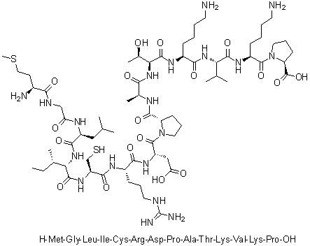 L-蛋氨酰甘氨酰-L-亮氨酰-L-异亮氨酰-L-半胱氨酰-L-精氨酰-L-alpha-天冬氨酰-L-脯氨酰-L-丙氨酰-L-苏氨酰-L-赖氨酰-L-缬氨酰-L-赖氨酰-L-脯氨酸分子结构 (CAS 1188513-33-8)