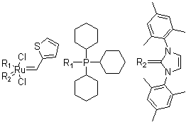 structure of CAS# 1190427-49-6, [1,3-二氢-1,3-双(2,4,6-三甲基苯基)-2H-咪唑-2-亚基](2-噻吩基亚甲基)(三环己基膦)二氯化钌