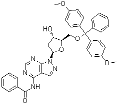 N-[1-[5-O-[二(4-甲氧基苯基)苯基甲基]-2-脱氧-beta-D-赤式-呋喃戊糖基]-1H-吡唑并[3,4-d]嘧啶-4-基]苯甲酰胺分子结构 (CAS 119803-27-9)