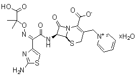 [6R-[6alpha,7beta(Z)]]-1-[[7-[[(2-氨基-4-噻唑基)[(1-羧基-1-甲基乙氧基)亚氨基]乙酰基]氨基]-2-羧基-8-氧代-5-硫杂-1-氮杂双环[4.2.0]辛-2-烯-3-基]甲基]-吡啶鎓内盐水合物分子结构 (CAS 120618-65-7)