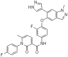 N-[3-氟-4-[[1-甲基-6-(1H-吡唑-4-基)-1H-吲唑-5-基]氧基]苯基]-1-(4-氟苯基)-1,2-二氢-6-甲基-2-氧代-3-吡啶甲酰胺分子结构 (CAS 1206799-15-6)