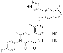 CAS # 1206801-37-7, N-[3-Fluoro-4-[[1-methyl-6-(1H-pyrazol-4-yl)-1H-indazol-5-yl]oxy]phenyl]-1-(4-fluorophenyl)-1,2-dihydro-6-methyl-2-oxo-3-pyridinecarboxamide hydrochloride (1:2)
