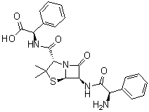 (alphaR)-alpha-[[[(2S,5R,6R)-6-[[(2R)-2-氨基-2-苯基乙酰基]氨基]-3,3-二甲基-7-氧代-4-硫杂-1-氮杂双环[3.2.0]庚烷-2-基]羰基]氨基]苯乙酸分子结构 (CAS 1207726-28-0)