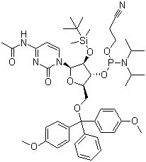 N-乙酰基-5'-O-(4,4-二甲氧基三苯甲基)-2'-O-[(叔丁基)二甲基硅基]胞苷-3'-(2-氰基乙基-N,N-二异丙基)亚磷酰胺分子结构 (CAS 121058-88-6)