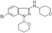 6-溴-1-(四氢-2H-吡喃-2-基)-N-(四氢-2H-吡喃-4-基)-1H-吲唑-3-胺分子结构 (CAS 1214900-68-1)