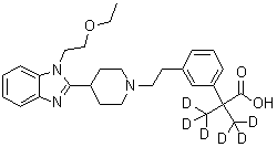 CAS # 1215358-58-9, Bilastine-d<sub>6</sub>, 3,3,3-Trideuterio-2-[3-[2-[4-[1-(2-ethoxyethyl)benzimidazol-2-yl]piperidin-1-yl]ethyl]phenyl]-2-(trideuteriomethyl)propanoic acid