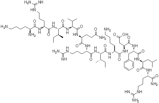 L-赖氨酰-L-精氨酰-L-异亮氨酰-L-缬氨酰-L-谷氨酰胺酰-L-精氨酰-L-异亮氨酰-L-赖氨酰-L-alpha-天冬氨酰-L-苯丙氨酰-L-亮氨酰-L-精氨酰胺分子结构 (CAS 1218951-51-9)