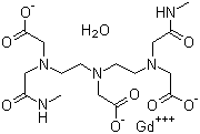 CAS 登录号：122795-43-1, 钆双胺一水物, 5,8-双(羧甲基)-2-[2-(甲胺基)-2-氧乙基]-10-氧代-2,5,8,11-四氮杂癸烷-1-羧酸钆一水物
