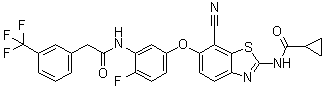 structure of CAS# 1228591-30-7, N-[7-氰基-6-[4-氟-3-[[[3-(三氟甲基)苯基]乙酰基]氨基]苯氧基]-1,3-苯并噻唑-2-基]环丙烷甲酰胺