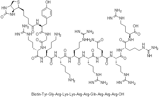N-[5-[(3aS,4S,6aR)-六氢-2-氧代-1H-噻吩并[3,4-d]咪唑-4-基]-1-氧代戊基]-L-酪氨酰甘氨酰-L-精氨酰-L-赖氨酰-L-赖氨酰-L-精氨酰-L-精氨酰-L-谷氨酰胺酰-L-精氨酰-L-精氨酰-L-精氨酸分子结构 (CAS 1231898-25-1)