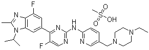 N-[5-[(4-乙基-1-哌嗪基)甲基]-2-吡啶基]-5-氟-4-[4-氟-2-甲基-1-异丙基-1H-苯并咪唑-6-基]-2-嘧啶胺甲烷磺酸盐分子结构 (CAS 1231930-82-7)