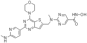 N-羟基-2-[[[2-[6-(甲基氨基)吡啶-3-基]-4-(吗啉-4-基)噻吩并[3,2-d]嘧啶-6-基]甲基][甲基]氨基]嘧啶-5-甲酰胺分子结构 (CAS 1235449-52-1)