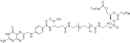 alpha-[(9R)-6-羟基-6-氧代-1,12-二氧代-9-[(1-氧代十八烷基)氧基]-5,7,11-三氧杂-2-氮杂-6-磷杂二十九烷-1-基]-omega-[2-[[(4S)-4-[[4-[[(2-氨基-3,4-二氢-4-氧代-6-蝶啶基)甲基]氨基]苯甲酰基]氨基]-4-羧基-1-氧代丁基]氨基]乙氧基]聚氧乙烯二铵盐分子结构 (CAS 1236288-25-7)