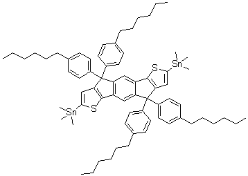 structure of CAS# 1252555-61-5, 4,4,9,9-Tetrakis(4-hexylphenyl)-2,7-bis(trimethylstannyl)-4,9-dihydro-s-indaceno[1,2-b:5,6-b]dithiophene