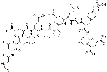 N-乙酰基甘氨酰-L-alpha-天冬氨酰-L-苯丙氨酰-L-alpha-谷氨酰-L-alpha-谷氨酰-L-异亮氨酰-L-脯氨酰-L-alpha-谷氨酰-L-alpha-谷氨酰-O-磺基-L-酪氨酰-L-亮氨酰-L-谷氨酰胺分子结构 (CAS 125441-00-1)
