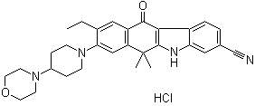 structure of CAS# 1256589-74-8, 9-乙基-6,11-二氢-6,6-二甲基-8-[4-(4-吗啉基)-1-哌啶基]-11-氧代-5H-苯并[b]咔唑-3-甲腈盐酸盐