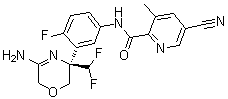 N-[3-[(3R)-5-氨基-3-(二氟甲基)-3,6-二氢-2H-1,4-恶嗪-3-基]-4-氟苯基]-5-氰基-3-甲基-2-吡啶甲酰胺分子结构 (CAS 1262856-69-8)