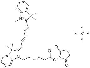 (2,5-二氧代吡咯烷-1-基)6-[(2E)-3,3-二甲基-2-[(2E,4E)-5-(1,3,3-三甲基吲哚-1-鎓-2-基)五-2,4-二烯亚基]吲哚-1-基]己酸酯四氟硼酸盐分子结构 (CAS 1263093-76-0)