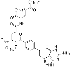 CAS # 1265908-59-5, N-[4-[2-(2-Amino-4,7-dihydro-4-oxo-3H-pyrrolo[2,3-d]pyrimidin-5-yl)ethyl]benzoyl]-L-gamma-glutamyl-L-glutamic acid sodium salt (1:3)