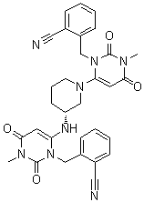 structure of CAS# 1268836-55-0, 2-[[6-[(3R)-3-[[3-[(2-氰基苯基)甲基]-1,2,3,6-四氢-1-甲基-2,6-二氧代-4-嘧啶基]氨基]-1-哌啶基]-3,4-二氢-3-甲基-2,4-二氧代-1(2H)-嘧啶基]甲基]苯甲腈
