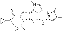 structure of CAS# 1271022-90-2, N,N-Dicyclopropyl-4-[(1,5-dimethyl-1H-pyrazol-3-yl)amino]-6-ethyl-1,6-dihydro-1-methyl-imidazo[4,5-d]pyrrolo[2,3-b]pyridine-7-carboxamide