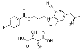 4-氟苯甲酸 3-[5-[(2R)-2-氨基丙基]-7-氰基-2,3-二氢-1H-吲哚-1-基]丙基酯 (2R,3R)-2,3-二羟基丁二酸盐分子结构 (CAS 1277178-53-6)