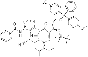 structure of CAS# 129451-75-8, N-苯甲酰基-5'-O-[二(4-甲氧基苯基)苯基甲基]-3'-O-[(叔丁基)二甲基硅烷基]腺苷 2'-[2-氰基乙基 N,N-二异丙基氨基亚磷酸酯]
