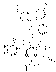 structure of CAS# 129451-77-0, 5'-O-[二(4-甲氧基苯基)苯基甲基]-3'-O-[(1,1-二甲基乙基)二甲基硅烷基]-尿苷 2'-[2-氰基乙基 N,N-二(异丙基)氨基亚磷酸酯]