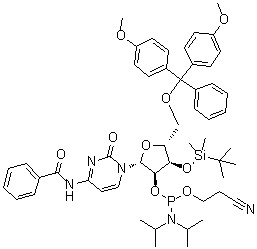 structure of CAS# 129470-47-9, N-苯甲酰基-5'-O-[双(4-甲氧基苯基)苯基甲基]-3'-O-[(1,1-二甲基乙基)二甲基硅烷基]-胞苷 2'-[2-氰基乙基 二(1-甲基乙基)氨基亚磷酸酯]