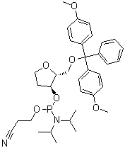 1,4-脱水-5-O-[二(4-甲氧基苯基)苯基甲基]-2-脱氧-D-赤式-戊糖醇 2-氰基乙基 二(异丙基)氨基亚磷酸酯分子结构 (CAS 129821-76-7)