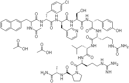 CAS # 130143-01-0, Cetrorelix acetate, N-Acetyl-3-(2-naphthalenyl)-D-alanyl-4-chloro-D-phenylalanyl-3-(3-pyridinyl)-D-alanyl-L-seryl-L-tyrosyl-N5-(aminocarbonyl)-D-ornithyl-L-leucyl-L-arginyl-L-prolyl-D-alaninamide diacetate