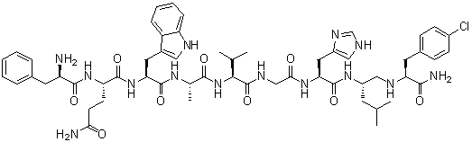 (S)-1-去(5-氧代-L-脯氨酸)-2-去-L-缬氨酸-3-D-苯丙氨酸-10-[Nalpha-(2-氨基-4-甲基戊基)-4-氯-L-苯丙氨酰胺]-11-去-L-蛋氨酰胺-蛙紧张肽分子结构 (CAS 130848-09-8)