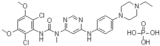 CAS # 1310746-10-1, NVP BGJ398 phosphate, N'-(2,6-Dichloro-3,5-dimethoxyphenyl)-N-[6-[[4-(4-ethyl-1-piperazinyl)phenyl]amino]-4-pyrimidinyl]-N-methylurea phosphate (1:1)