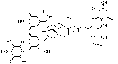 CAS # 1313049-59-0, Rebaudioside J, 13-[(2-O-beta-D-Glucopyranosyl-3-O-beta-D-glucopyranosyl-beta-D-glucopyranosyl)oxy] ent-kaur-16-en-19-oic acid-(2-O-alpha-L-rhamnopyranosyl-beta-D-glucopyranosyl) ester