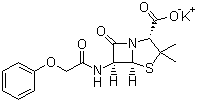 CAS # 132-98-9, Penicillin V potassium salt, Phenoxymethylpenicillin potassium salt, 3,3-Dimethyl-7-oxo-6-(2-phenoxy-acetamido)-4-thia-1-azabicyclo[3.2.0]heptane-2-carboxylic acid monopotassium salt