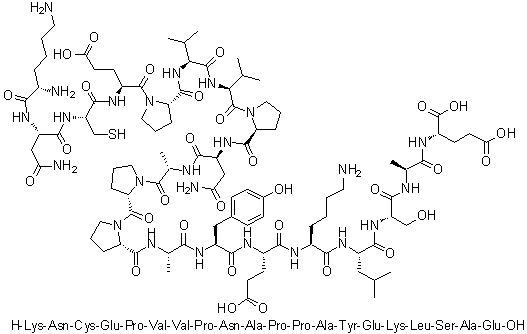 L-赖氨酰-L-天冬氨酰胺酰-L-半胱氨酰-L-alpha-谷氨酰-L-脯氨酰-L-缬氨酰-L-缬氨酰-L-脯氨酰-L-天冬氨酰胺酰-L-丙氨酰-L-脯氨酰-L-脯氨酰-L-丙氨酰-L-酪氨酰-L-alpha-谷氨酰-L-赖氨酰-L-亮氨酰-L-丝氨酰-L-丙氨酰-L-谷氨酸分子结构 (CAS 1330060-67-7)