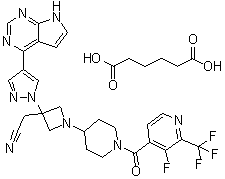 structure of CAS# 1334302-63-4, 1-[1-[[3-氟-2-(三氟甲基)-4-吡啶基]羰基]-4-哌啶基]-3-[4-(7H-吡咯并[2,3-d]嘧啶-4-基)-1H-吡唑-1-基]-3-吖丁啶乙腈己二酸盐