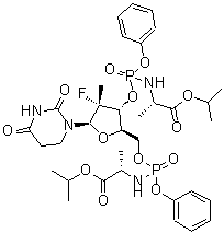 CAS # 1337482-17-3, Sofosbuvir impurity F, Propan-2-yl (2S)-2-[[[(2R,3R,4R,5R)-5-(2,4-dioxo-1,3-diazinan-1-yl)-4-fluoro-4-methyl-3-[[[(2S)-1-oxo-1-propan-2-yloxypropan-2-yl]amino]-phenoxyphosphoryl]oxyoxolan-2-yl]methoxy-phenoxyphosphoryl]amino]propanoate, N-[(S)-hydroxyphenoxyphosphinyl]-L-Alanine 1-methylethyl ester (P→3'),(P'→5')-diester with (2'R)-2'-deoxy-2'-fluoro-2'-methyluridine