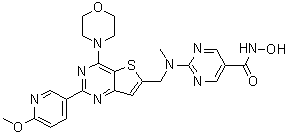structure of CAS# 1339928-25-4, N-羟基-2-[[[2-(6-甲氧基吡啶-3-基)-4-(吗啉-4-基)噻吩并[3,2-d]嘧啶-6-基]甲基](甲基)氨基]嘧啶-5-甲酰胺