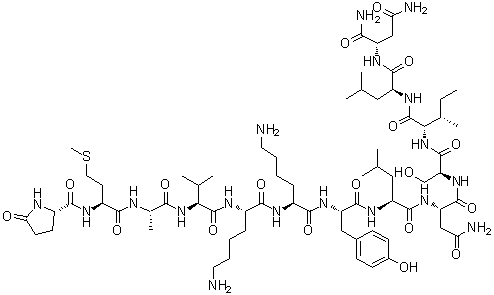 5-氧代-L-脯氨酰-L-蛋氨酰-L-丙氨酰-L-缬氨酰-L-赖氨酰-L-赖氨酰-L-酪氨酰-L-亮氨酰-L-天冬氨酰胺酰-L-丝氨酰-L-异亮氨酰-L-亮氨酰-L-天冬氨酰胺分子结构 (CAS 134907-86-1)