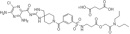 CAS # 1366295-86-4, N-[[3-[[(2E)-2-[[(3,5-Diamino-6-chloro-2-pyrazinyl)carbonyl]imino]-1,3,8-triazaspiro[4.5]dec-8-yl]carbonyl]phenyl]sulfonyl]-beta-alanine 2-(dipropylamino)-2-oxoethyl ester butanedioate (1:?)