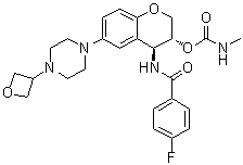 N-[(3R,4S)-3,4-Dihydro-3-[[(methylamino)carbonyl]oxy]-6-[4-(3-oxetanyl)-1-piperazinyl]-2H-1-benzopyran-4-yl]-4-fluorobenzamide molecular structure (CAS 1373215-15-6)
