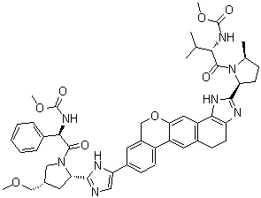 CAS 登录号：1377604-63-1, [(1R)-2-[(2S,4S)-2-[5-[2-[(2S,5S)-1-[(2S)-2-[(甲氧羰基)氨基]-3-甲基丁酰基]-5-甲基吡咯烷-2-基]-1,4,5,11-四氢异苯并吡喃并[4',3':6,7]萘并[1,2-d]咪唑-9-基]-1H-咪唑-2-基]-4-(甲氧基甲基)吡咯烷-1-基]-2-氧代-1-苯基乙基]氨基甲酸甲酯
