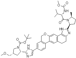 (2S,4S)-2-[5-[2-[(2S,5S)-1-[N-(甲氧羰基)-L-缬氨酰基]-5-甲基吡咯烷-2-基]-1,4,5,11-四氢异苯并吡喃并[4',3':6,7]萘并[1,2-d]咪唑-9-基]-1H-咪唑-2-基]-4-(甲氧基甲基)吡咯烷-1-羧酸叔丁酯分子结构 (CAS 1378391-44-6)