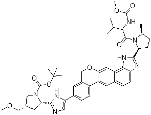(2S,4S)-2-[5-[1,11-二氢-2-[(2S,5S)-1-[(2S)-2-[(甲氧羰基)氨基]-3-甲基-1-氧代丁基]-5-甲基-2-吡咯烷基][2]苯并吡喃并[4',3':6,7]萘并[1,2-d]咪唑-9-基]-1H-咪唑-2-基]-4-(甲氧基甲基)-1-吡咯烷羧酸叔丁酯分子结构 (CAS 1378391-45-7)