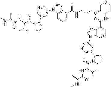 CAS # 1381992-68-2, N,N'-[1,2-Ethanediylbis(oxy-3,1-propanediyl)]bis[1-[5-[(2S)-1-(N-methyl-L-alanyl-L-valyl)-2-pyrrolidinyl]-3-pyridinyl]-1H-indole-4-carboxamide