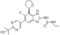 N-乙基-N'-[6-氟-5-[2-(1-羟基-1-甲基乙基)-5-嘧啶基]-7-[(2R)-四氢-2-呋喃基]-1H-苯并咪唑-2-基]脲分子结构 (CAS 1384984-18-2)
