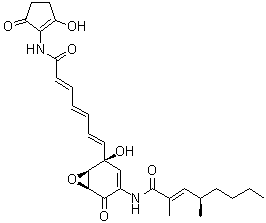 CAS # 139023-58-8, Manumycin B, (2E,4R)-N-[(1S,5S,6R)-5-Hydroxy-5-[(1E,3E,5E)-7-[(2-hydroxy-5-oxo-1-cyclopenten-1-yl)amino]-7-oxo-1,3,5-heptatrien-1-yl]-2-oxo-7-oxabicyclo[4.1.0]hept-3-en-3-yl]-2,4-dimethyl-2-octenamide