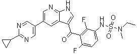 structure of CAS# 1393465-84-3, 5-(2-Cyclopropylpyrimidin-5-yl)-3-[3-[[ethyl(methyl)sulfamoyl]amino]-2,6-difluorobenzoyl]-1H-pyrrolo[2,3-b]pyridine
