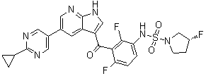 structure of CAS# 1393466-87-9, (3R)-N-[3-[[5-(2-Cyclopropyl-5-pyrimidinyl)-1H-pyrrolo[2,3-b]pyridin-3-yl]carbonyl]-2,4-difluorophenyl]-3-fluoro-1-pyrrolidinesulfonamide